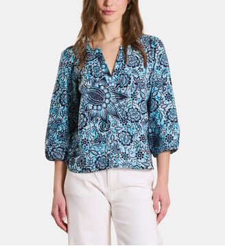 Top en popeline de coton à imprimé floral - La Fée Maraboutée - Bleu