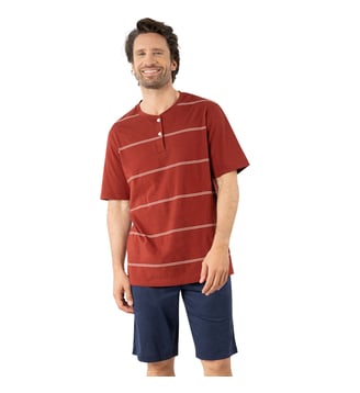 Pyjama court ouvert MERCERISE - Eminence - Bleu marine et rouille