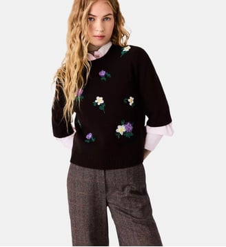 Pull à broderies florales - Maje - Marron