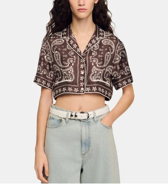 Chemise courte imprimé bandana - Sandro - Taupe et blanc