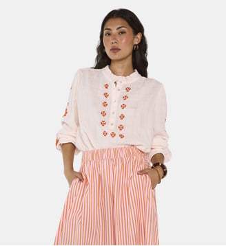 Blouse Brodée À Manches Longues En Coton Dantesse - Maison 123 - Abricot