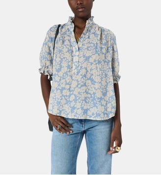 Blouse fluide à fleurs et volants - CHAYMA - Gerard Darel - Bleu ciel