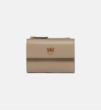 Petit portefeuille compact en cuir lisse à logo - Pinko - Noyer et or antique