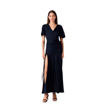 Robe longue drapée en satin - Maje - Marine