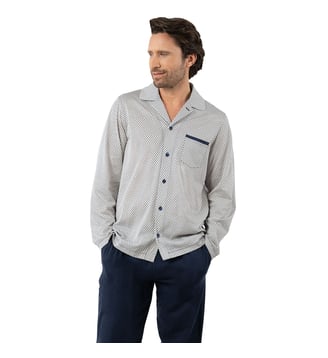 Pyjama long col ouvert MERCERISE - Eminence - Beige et bleu marine