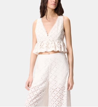 Haut cropped à volants et motif ajouré - Pinko - Blanc et blanche neige