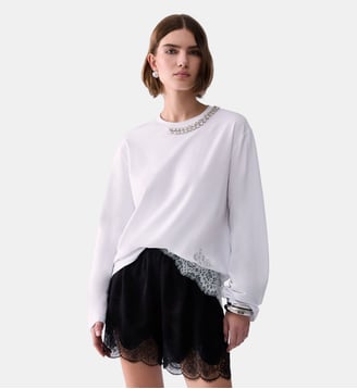 T-shirt avec dentelle et sertissages bijou - Liu Jo - Blanc optique