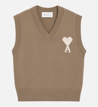 Pull Col V Sans Manches Ami De Coeur en Laine unisexe - AMI Paris - Beige taupe et ecru