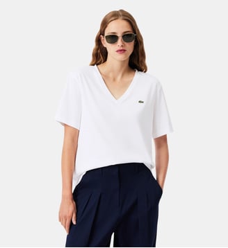 T-shirt relaxed fit coton doux col V - Lacoste - Blanc