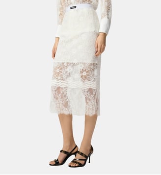 Jupe midi en dentelle avec petites fentes - Pinko - Blanc et blanche neige