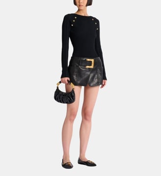 Jupe courte en cuir avec ceinture - Balmain - Noir