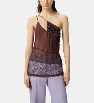 Top asymétrique en satin avec dentelle et paillettes - Pinko - Marron