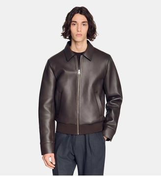 Blouson zippé en cuir d'agneau - Sandro - Taupe