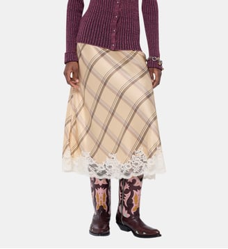 Jupe en satin de soie imprimé tartan avec finition en dentelle - Rabanne - Beige