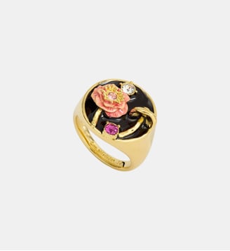 Bague chevalière noire champignon, anémone et cristaux Les Néréides