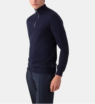 Polo manches longues en coton et soie - Ron Dorff - Bleu marine