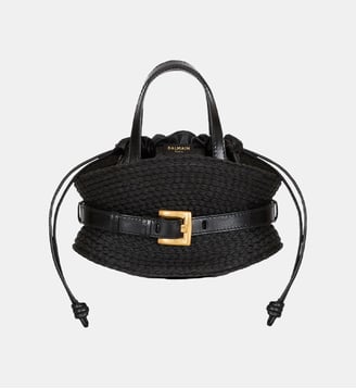 Sac Shuffle Mini en cuir de veau et raphia - Balmain - Black