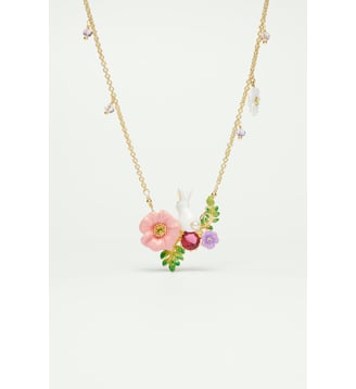 Collier pendentif lapin sur fleur rose - Les Néréides - Multicolore