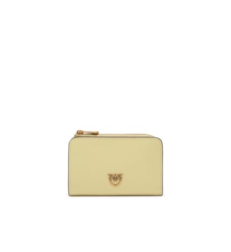 Mini portefeuille en cuir avec love birds - Pinko - Jaune vanille et or antique