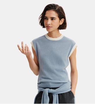 Pull droit sans manches en cachemire - Bompard - Bleu glacier et naturel