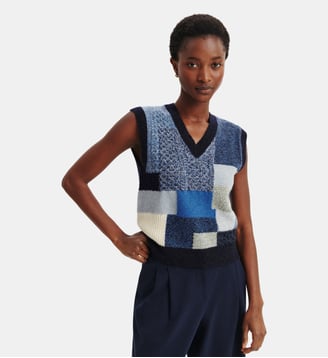 Pull sans manches patchwork - Bompard - Marine et bleu de delft