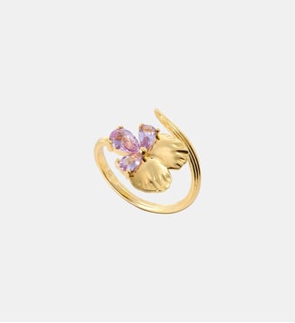 Bague ajustable dorée fleur de pensée et pierres roses - Les Néréides - Doré