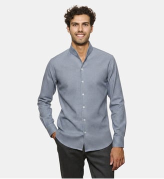 Chemise col montant tissu texturé effet denim  coupe droite - Atelier Privé - Bleu