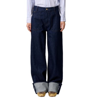 Jean jambes larges denim revers brodé - Claudie Pierlot - Bleu denim