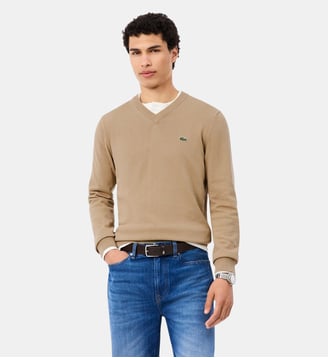 Pull coton uni col V - Lacoste - Marron