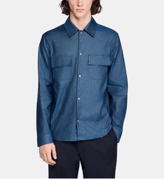 Chemise effet denim en coton et lin - Sandro - Blue vintage et denim