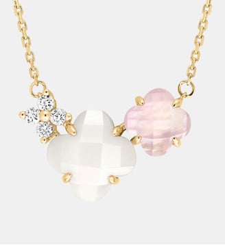 Collier, quartz rose, diamants, nacre blanche, or jaune - Morganne Bello - Or jaune