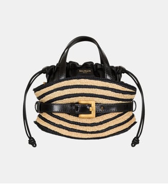 Sac Shuffle Mini en raphia et cuir lisse - Balmain - Beige