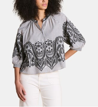 Chemise ample à rayures et motif jacquard - La Fée Maraboutée - Noir