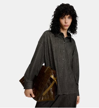 Chemise droite chinée à col italien - Adolfo Dominguez - Noir et camel