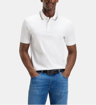Polo slim en coton mercerisé col rayé - BOSS - Blanc