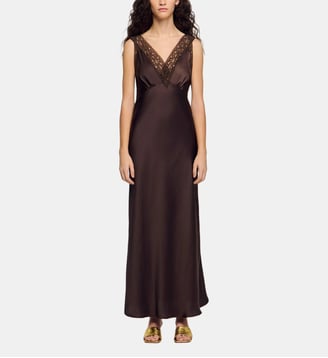Robe longue à col dentelle - Sandro - Marron