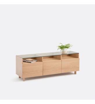 Meuble TV, en plaqué chêne et verre - La Redoute Interieurs - Chêne