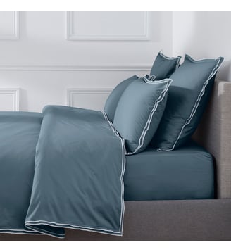 Housse De Couette Pure White Percale Lavée   Finition - Drouault - Bleu et blanc