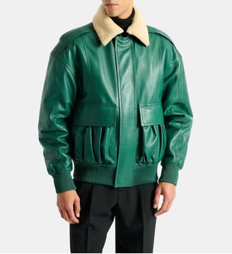 Bomber en cuir et shearling - Balmain - Vert