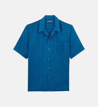 Chemise bowling en lin unie - Vilebrequin - Bleu paon