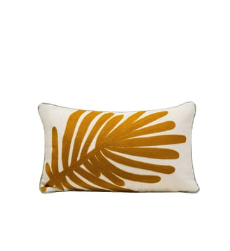 Housse De Coussin  Feuille de palmier brodée - Madura - Écru et moutarde