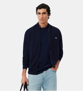 Pull zippé coton uni col montant - Lacoste - Bleu marine