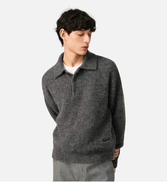 Polo en laine et alpaga broderie Ami - AMI Paris - Gris carbone