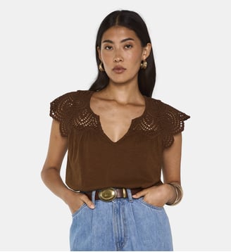 Top Brodé À Manches Courtes En Coton Lilou - Maison 123 - Caramel