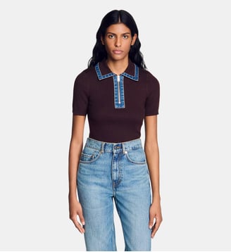 Pull polo en maille et col denim - Sandro - Marron