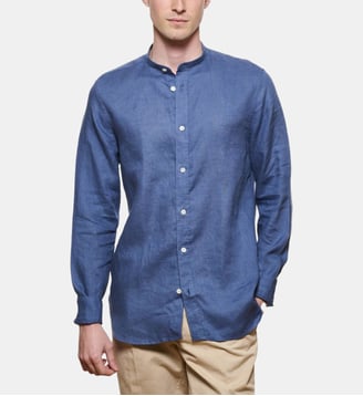 Chemise en lin bleu col Mao coupe droite - Atelier Privé - Bleu