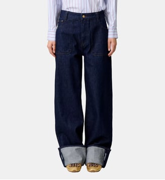 Jean jambes larges denim revers brodé - Claudie Pierlot - Bleu denim