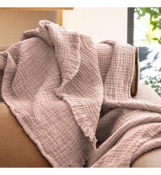 Plaid en gaze de coton, NATURELLEMENT GAUFRÉ - Blanc Cerise - Vieux rose