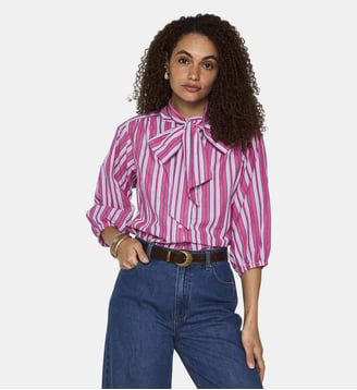 Blouse Rayée À Col Lavallière En Coton Domitille - Maison 123 - Rose