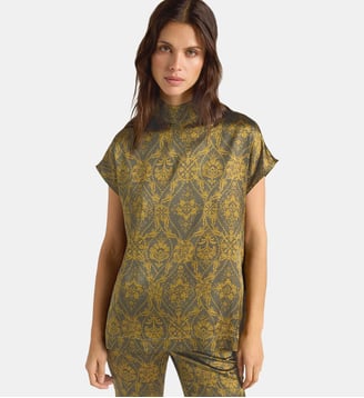 Blouse a manches courtes ulla en satin de soie elastique imprime - Momonì - Khaki et olive